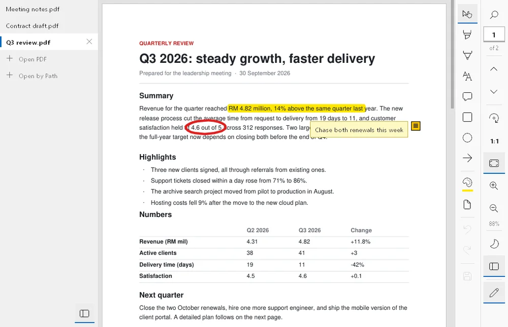 AiReader with three PDFs open in tabs, a report with a highlighted sentence, a circled figure and a note, and the mark-up tools on the right