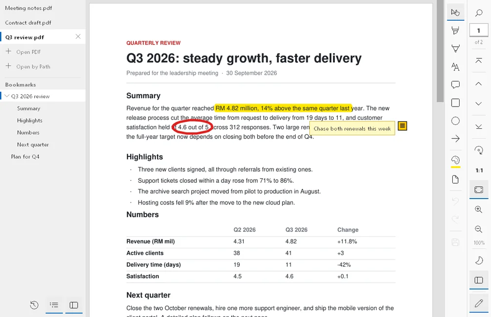 AiReader with three PDFs open in tabs, the report's bookmarks on the left, a highlighted sentence, a circled figure and a note, and the mark-up tools on the right