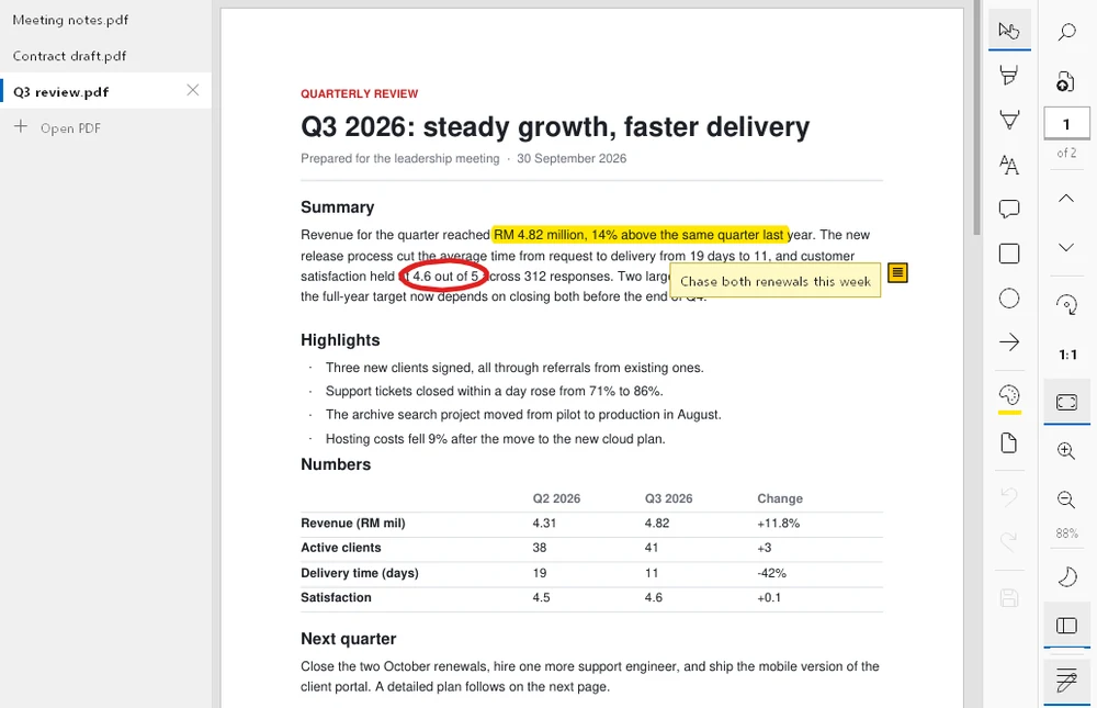 AiReader with three PDFs open in tabs, a report with a highlighted sentence, a circled figure and a note, and the mark-up tools on the right