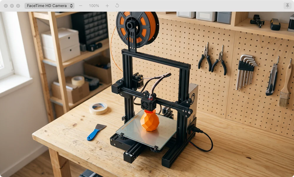 Webcam Viewer on a Mac watching a 3D printer mid-print, with the camera menu, the zoom buttons and the pin in its bar